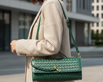 Sacs tissés 12 couleurs, pochette de soirée en cuir végétalien, sac à main bandoulière horizontal, élégant sac à main accordéon, accessoire d'épaule minimaliste