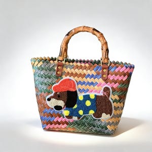 Handwoven Rainbow Straw Tote Bag | Cute Sausage Dog Patch Purse | Bamboo Handle Beach Tote | Bohemian Shoulder Bag