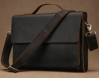 Full Grain Genuine Leather Messenger Bag | Laptop Briefcase | Dark Brown Satchel | Vintage Work Bag | Handmade Crossbody Shoulder Bag