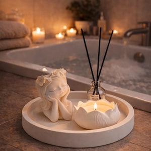 Vanilla Scented Decor Set, Lotus Candle Holder, Reed Diffuser