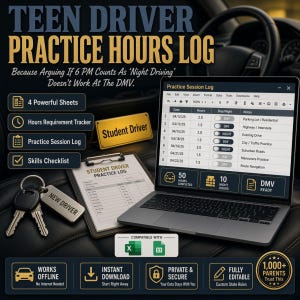 Pode incluir: Um modelo digital de registo de horas de prática de condução para adolescentes num ecrã de portátil, com registo de sessões, rastreador de requisitos de horas, lista de verificação de competências e quatro folhas. Inclui sinal e chaves.