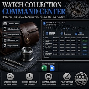 May include: A digital watch collection inventory tracker displayed on a laptop screen, featuring a brown leather watch roll, a metal loupe, and two precision tools. The interface shows columns for watch models, purchase values, and maintenance status.