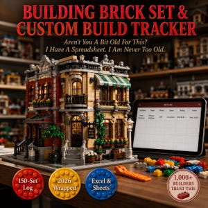 May include: A building brick set featuring a multi-story structure with red and tan walls, green awnings, and interior lighting. A tablet displays a digital build tracker spreadsheet. Text includes: BUILDING BRICK SET & CUSTOM BUILD TRACKER.