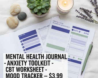 Diario de salud mental, kit de herramientas para la ansiedad, hoja de trabajo de TCC, registro de estado de ánimo (descarga en PDF)