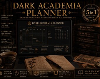 Hoja de cálculo de planificación estilo Dark Academia / Planificador de estudio / Lista de lectura / Rastreador de ensayos / Cuaderno de notas / Estética oscura / Descarga digital Exce