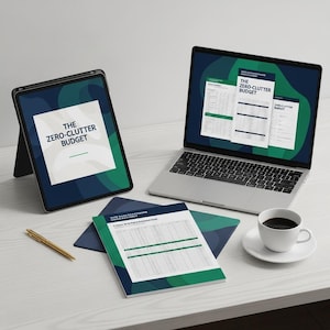 Puede incluir: Un ordenador portátil, una tableta y documentos impresos que muestran "The Zero-Clutter Budget" están dispuestos sobre una superficie blanca. La pantalla del portátil muestra plantillas de presupuesto con acentos verdes y azules. También hay una taza de café y un bolígrafo dorado.