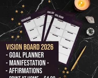 Tablero de visión 2026 / Planificador de objetivos / Diario de manifestación, Afirmaciones (Descarga en PDF)