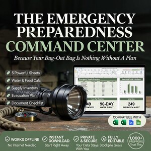 May include: A digital emergency preparedness command center spreadsheet displayed on a laptop screen, featuring inventory and calculator tools. A black flashlight and a brass compass sit in front of the screen. Text includes THE EMERGENCY PREPAREDNESS COMMAND CENTER.