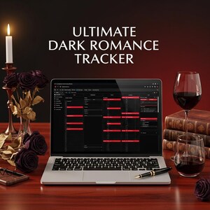 Pu&ograve; includere: Un computer portatile che mostra un foglio di calcolo intitolato ULTIMATE DARK ROMANCE TRACKER, circondato da una candela accesa, rose rosso scuro, un calice di vino rosso e libri vintage impilati su una superficie in legno con una penna.