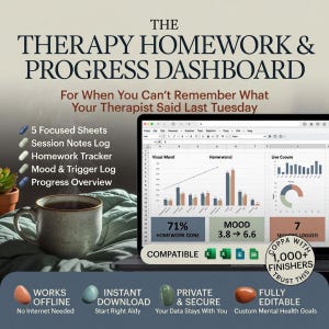 Therapiefortschritts-Dashboard – Excel-Tabelle – Sitzungsnotizen & Stimmungsprotokoll – Tool für psychische Gesundheit
