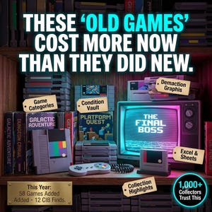 May include: A collection of vintage video game cartridges and a retro television set on a wooden shelf. The screen displays the text THE FINAL BOSS. Text overlays include THESE OLD GAMES COST MORE NOW THAN THEY DID NEW and 1,000+ COLLECTORS TRUST THIS.
