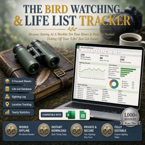 Może przedstawiać: Cyfrowy tracker do obserwacji ptaków i list życiowych wyświetlany na ekranie laptopa, zawierający wykresy danych, rejestry gatunków i statystyki siedlisk. Zestaw zawiera zieloną lornetkę oraz pióro jako elementy wizualne.