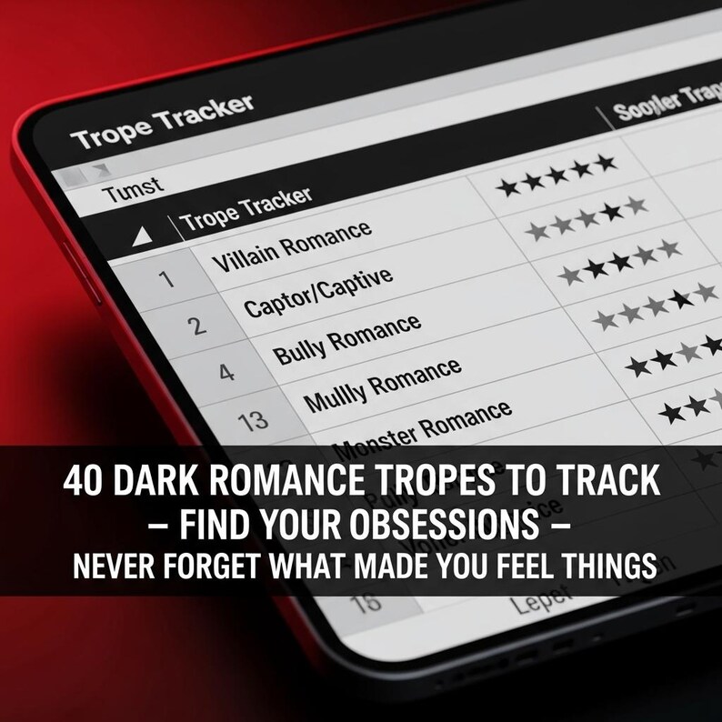 Pu&ograve; includere: Uno schermo di tablet digitale che mostra un foglio di calcolo Trope Tracker con righe per Villain Romance, Captor/Captive, Bully Romance e Monster Romance. Il testo recita 40 DARK ROMANCE TROPES TO TRACK &ndash; FIND YOUR OBSESSIONS &ndash; NEVER FORGET WHAT MADE YOU FEEL THINGS.