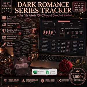 Può includere: Un tracker digitale per serie Dark Romance visualizzato su uno schermo di computer portatile e uno smartphone, con dashboard di avanzamento, icone di peperoncino per il livello di piccantezza e conti alla rovescia. L'interfaccia include titoli di libri, stato di lettura e loghi di compatibilità per Microsoft Excel e Google Sheets.