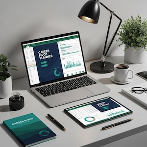 May include: A modern workspace featuring a laptop and tablet displaying a "Career Pivot Planner" interface. A notebook, pens, and a coffee cup are also on the white desk. A black desk lamp and a small potted plant complete the scene.