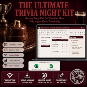 Puede incluir: Un kit digital para noches de trivia en la pantalla de una computadora portátil con un banco de preguntas y marcador. Incluye seis hojas, un banco de preguntas, selector aleatorio, marcador en vivo y planificador, compatible con Excel y Google Sheets.