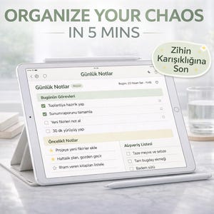May include: A tablet displaying a digital planner with the text "ORGANIZE YOUR CHAOS IN 5 MINS". The screen shows a to-do list and shopping list. A stylus rests on the table. A small plant and a glass of water are in the background.