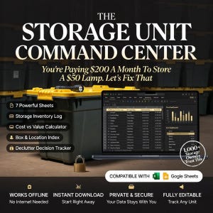 Puede incluir: Un sistema digital de gestión de unidades de almacenamiento con un portátil que muestra una hoja de cálculo, un contenedor gris oscuro con tapa amarilla, una linterna y un candado. Texto: THE STORAGE UNIT COMMAND CENTER y 7 Powerful Sheets.
