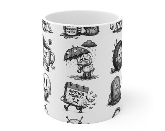 Taza de café gótica divertida, taza con esqueleto triste y sarcástico con fantasma y gato, regalo de humor negro para introvertidos, taza estética con pegatinas emo lindas y gruñonas