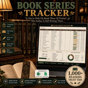 May include: A digital book series tracker displayed on a laptop screen, featuring a spreadsheet interface with series logs, progress bars, and statistics. The image includes text overlays detailing features like 7 powerful sheets, series arc vault, and compatibility with Microsoft Excel and Google Sheets.