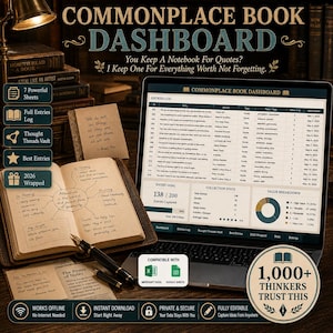 Commonplace Book Dashboard – Idea & Insight Journal for Excel  Google Sheets, Thought Threads  2026 Wrap