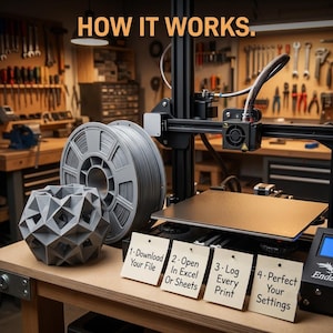 May include: A black 3D printer with a grey filament spool and a geometric grey object. Four beige cards are placed in front with the text: HOW IT WORKS. 1. Download Your File, 2. Open In Excel Or Sheets, 3. Log Every Print, 4. Perfect Your Settings.