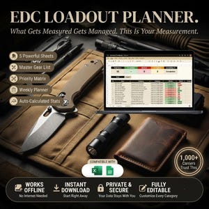 May include: An EDC Loadout Planner digital spreadsheet template featuring a master gear list, priority matrix, and weekly planner. The interface displays auto-calculated stats, compatible with Excel and Google Sheets, offering offline access, instant download, and full editability for gear management.