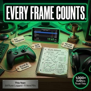 May include: A gaming setup featuring a monitor displaying "EVERY FRAME COUNTS." and a timer, a black controller, a spiral notebook labeled "Route Notebook" with handwritten diagrams, a small trophy, and tags reading "Run Categories," "Split Vault," "PB Hall of Fame," and "Excel & Sheets."
