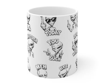 Diseño de taza de café alienígena sarcástico, envoltorio divertido para taza con alienígena dedo medio, taza alienígena "Odio a la gente", regalo sarcástico para la oficina, regalo de broma de ciencia ficción