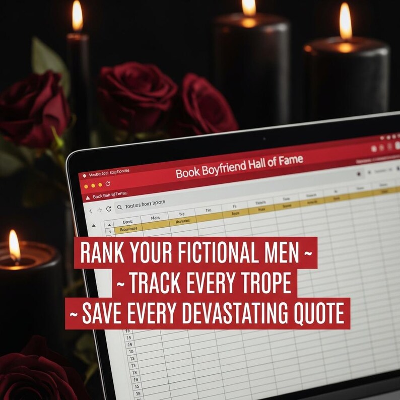 Pu&ograve; includere: Uno schermo di un portatile mostra un foglio di calcolo intitolato Book Boyfriend Hall of Fame con il testo: RANK YOUR FICTIONAL MEN ~ TRACK EVERY TROPE ~ SAVE EVERY DEVASTATING QUOTE. Lo sfondo presenta rose rosso scuro e candele nere accese.