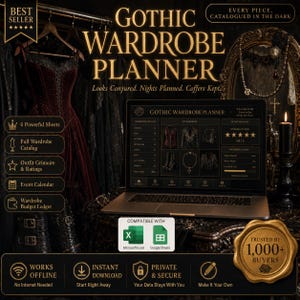 May include: A digital Gothic Wardrobe Planner displayed on a laptop screen, featuring a catalogue, outfit grimoire, event calendar, and budget ledger. The interface includes six sheets, compatible with Microsoft Excel and Google Sheets software.