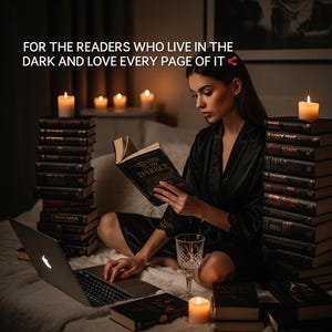 Pu&ograve; includere: Una persona con una vestaglia di raso nero legge un libro intitolato UEDATNE BY THE DARKCE, circondata da pile di libri neri, candele accese e un computer portatile. Il testo recita: FOR THE READERS WHO LIVE IN THE DARK AND LOVE EVERY PAGE OF IT.