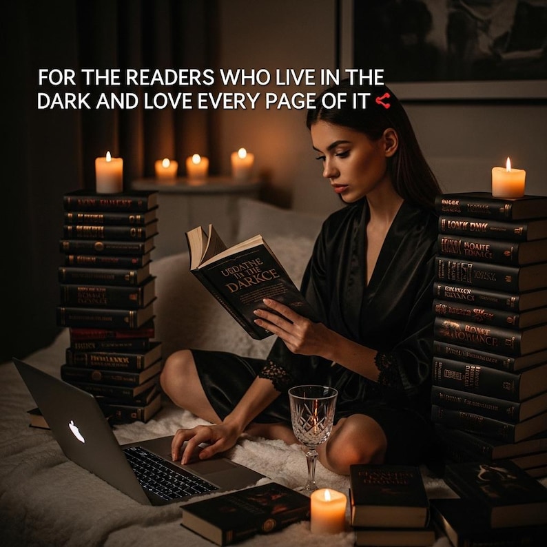 Pu&ograve; includere: Una persona con una vestaglia di raso nero legge un libro intitolato UEDATNE BY THE DARKCE, circondata da pile di libri neri, candele accese e un computer portatile. Il testo recita: FOR THE READERS WHO LIVE IN THE DARK AND LOVE EVERY PAGE OF IT.
