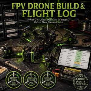 May include: An FPV drone build and flight log book featuring a carbon fiber drone with green accents, a soldering iron, and a tablet displaying a build log table. The cover includes the text FPV DRONE BUILD & FLIGHT LOG and 1,000+ PILOTS TRUST THIS.
