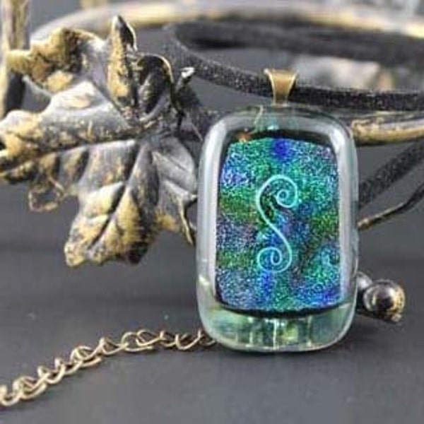 Magic, fused glass pendant, mystic, dichroic glass pendant, black Faux Suede necklace, gifts to her