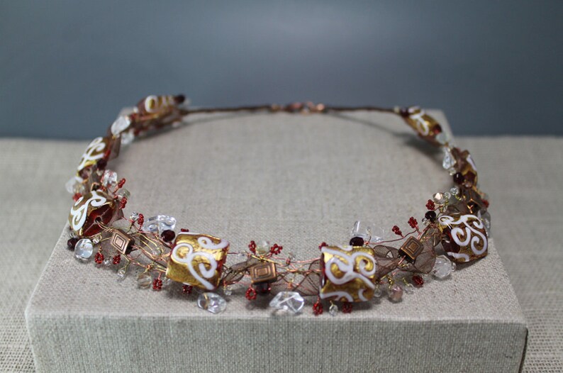 delicate wirework Necklace copper,gifts to her white twists red and golden one of a kind
