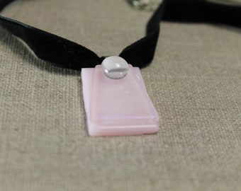 Geometrik pink and drop pendant, pink glass pendant, fused glass pendan, black velvet necklace, to her, birthday gifts