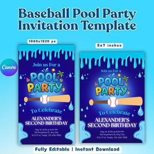 Könnte beinhalten: Blaue Baseball-Poolparty-Einladungsvorlage mit Baseballschläger, Ball und Poolparty-Grafiken. Die Einladung enthält den Text "Join us For a Pool Party" und Details für Alexanders zweiten Geburtstag. Die Vorlage ist 12,7 x 17,8 cm groß.