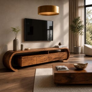 Curved Walnut TV Stand, Solid Wood Media Console Mid Century Modern TV Cabinet Entertainment Center Wooden Living Room Furniture