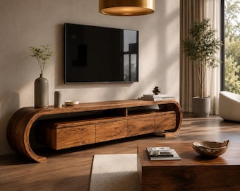 Mueble de TV curvo de nogal, consola multimedia de madera maciza, mueble de TV moderno de mediados de siglo, centro de entretenimiento, muebles de madera para sala de estar.