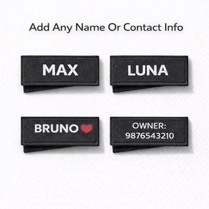 Puede incluir: Cuatro etiquetas rectangulares negras con texto blanco. Las etiquetas dicen "MAX", "LUNA", "BRUNO" con un corazón rojo y "OWNER: 9876543210". El texto "Add Any Name Or Contact Info" está en la parte superior.