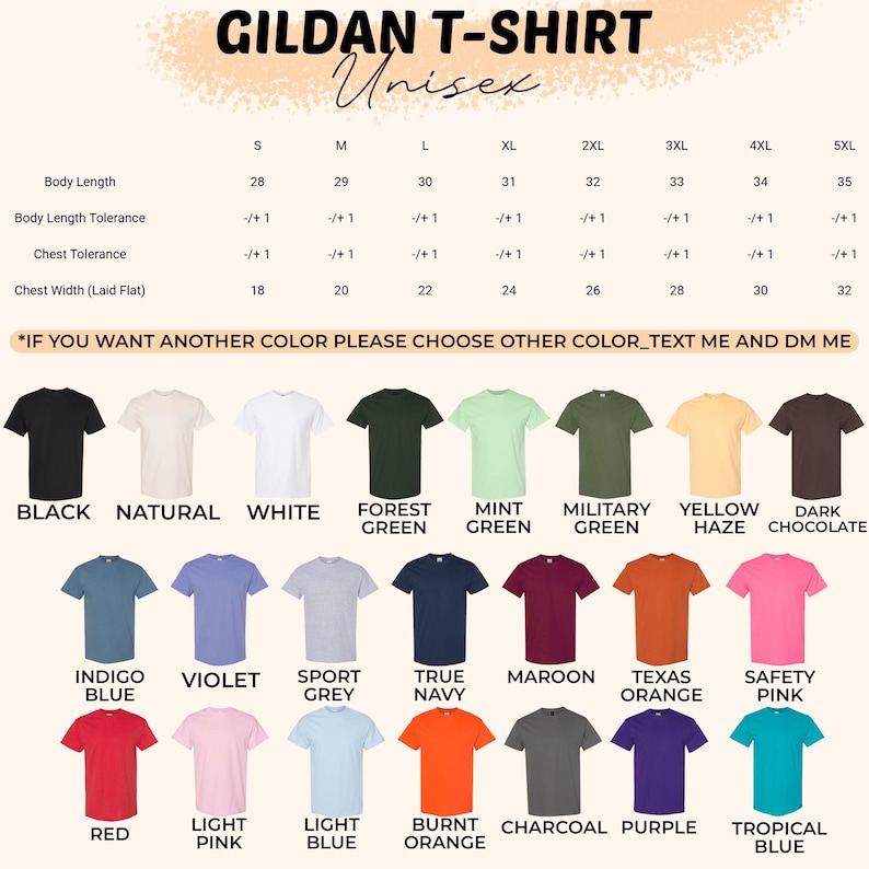 May include: A Gildan unisex t-shirt size chart displaying body length and chest width measurements in inches for sizes S through 5XL. Below the chart are twenty-two t-shirts in various colors including black, white, green, blue, pink, and orange.