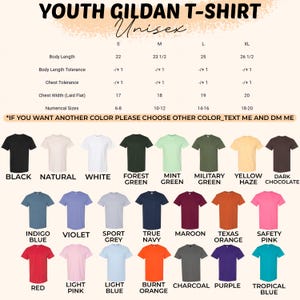 May include: A size chart for a youth Gildan t-shirt with columns for S, M, L, and XL, listing body length, chest width, and numerical sizes. Below, twenty-four t-shirts are displayed in various colors including black, white, green, blue, pink, and orange.