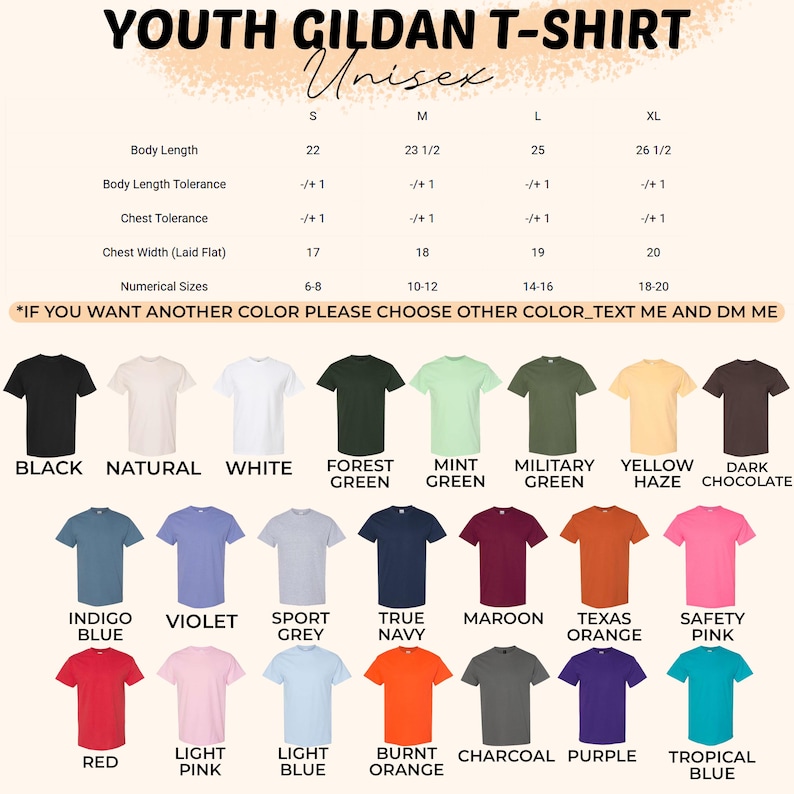 May include: A size chart for a youth Gildan t-shirt with columns for S, M, L, and XL, listing body length, chest width, and numerical sizes. Below, twenty-four t-shirts are displayed in various colors including black, white, green, blue, pink, and orange.