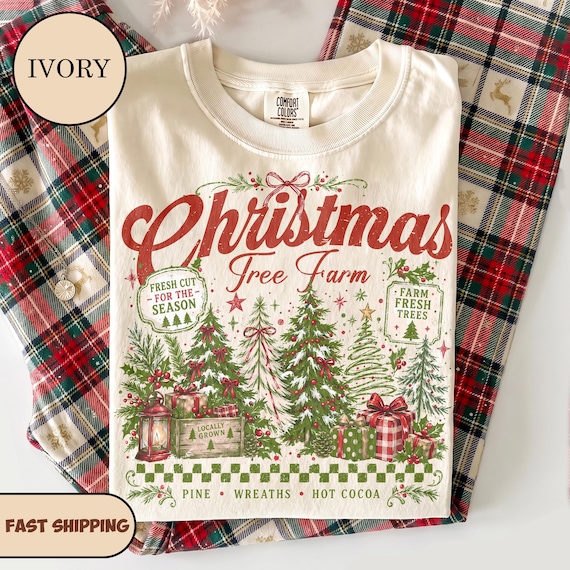 Retro Christmas Tree Farm Shirt, Preppy Xmas Tree Shirt, Vintage Christmas Comfort Colors Tee, Retro Holiday Graphic Shirt, Hot Cocoa Shirt