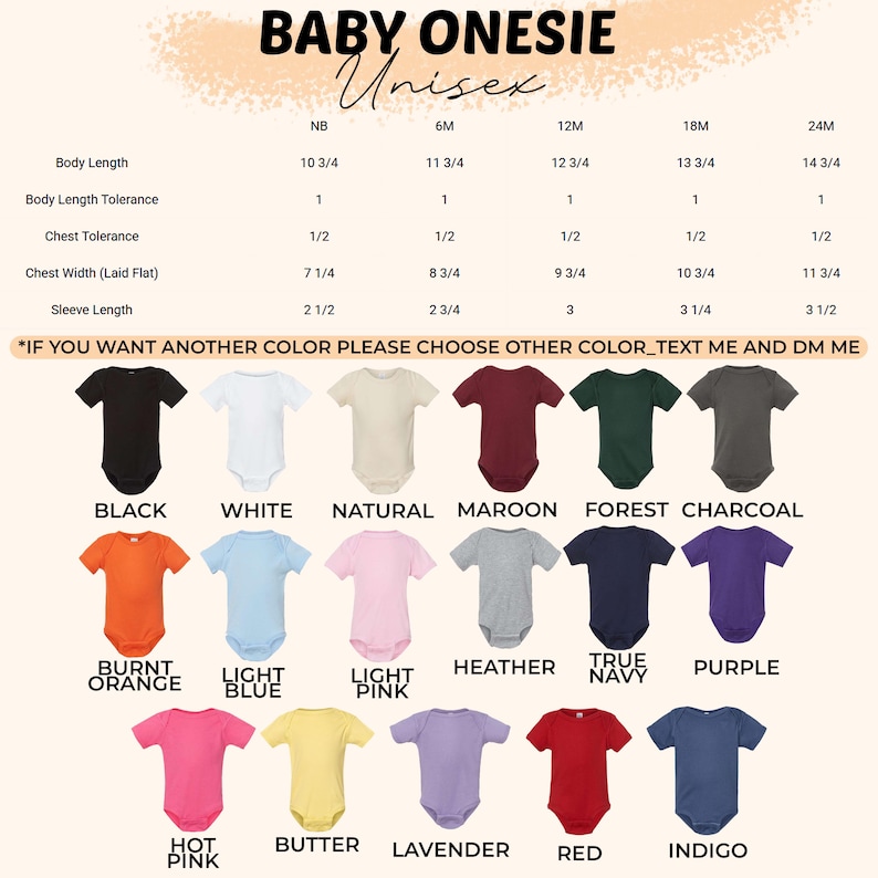 May include: A size chart for a baby onesie featuring a table with measurements in inches for sizes NB to 24M. Below the table, seventeen short-sleeve onesies are displayed in various colors including black, white, natural, maroon, forest, and charcoal.
