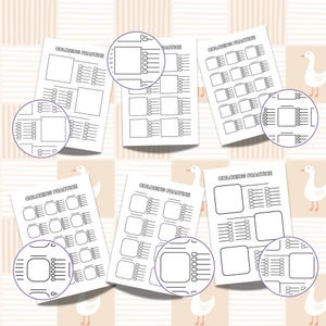 May include: Several white colouring practice sheets with geometric shapes and the text "COLORING PRACTICE" are arranged on a patterned background. The sheets have enlarged circular details. The background has a repeating pattern of squares and geese.