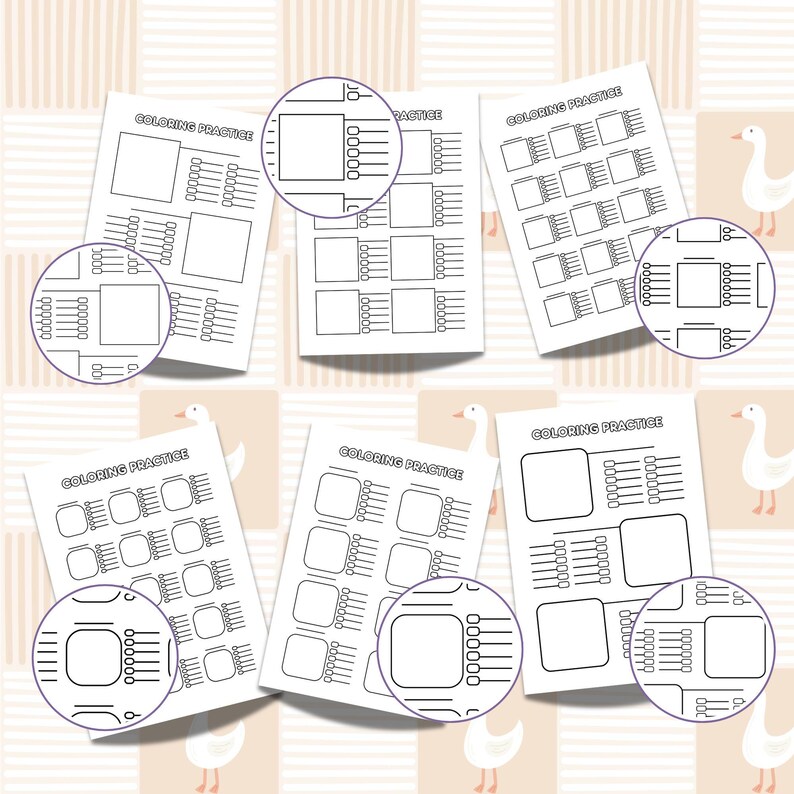 May include: Several white colouring practice sheets with geometric shapes and the text "COLORING PRACTICE" are arranged on a patterned background. The sheets have enlarged circular details. The background has a repeating pattern of squares and geese.
