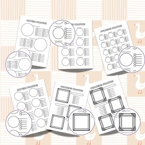 May include: A selection of white paper sheets with black line drawings for pattern and colouring practice. The sheets feature circles, squares, and ornate frames, with the text "PATTERN PRACTICE" and "COLORING PRACTICE".