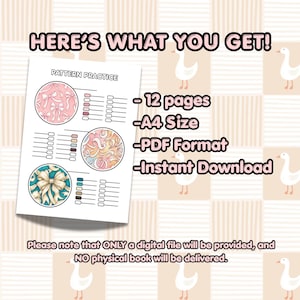 May include: A digital pattern practice sheet featuring bow designs in pink, teal, and pastel hues. Text includes "HERE'S WHAT YOU GET!", "12 pages", "A4 Size", "PDF Format", and "Instant Download". The product is a digital download, not a physical book.